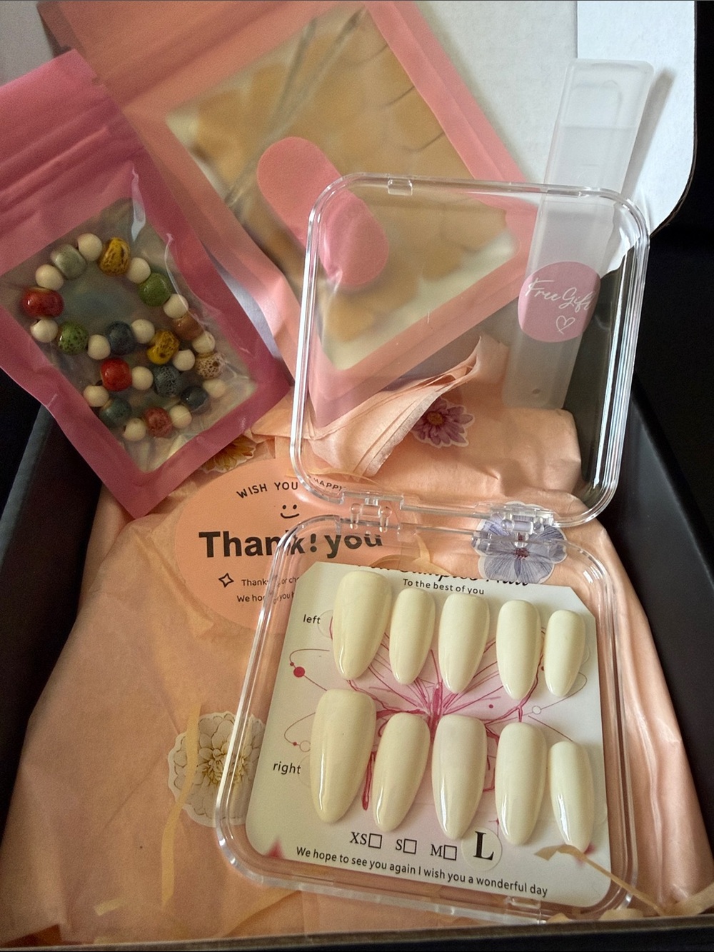 Handmade Hard Gel Press on Nail Art Kit Sz L off white color Almond shape